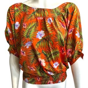 Karma Highway Tropical Floral Blouse One Size Orange Smocked Waist